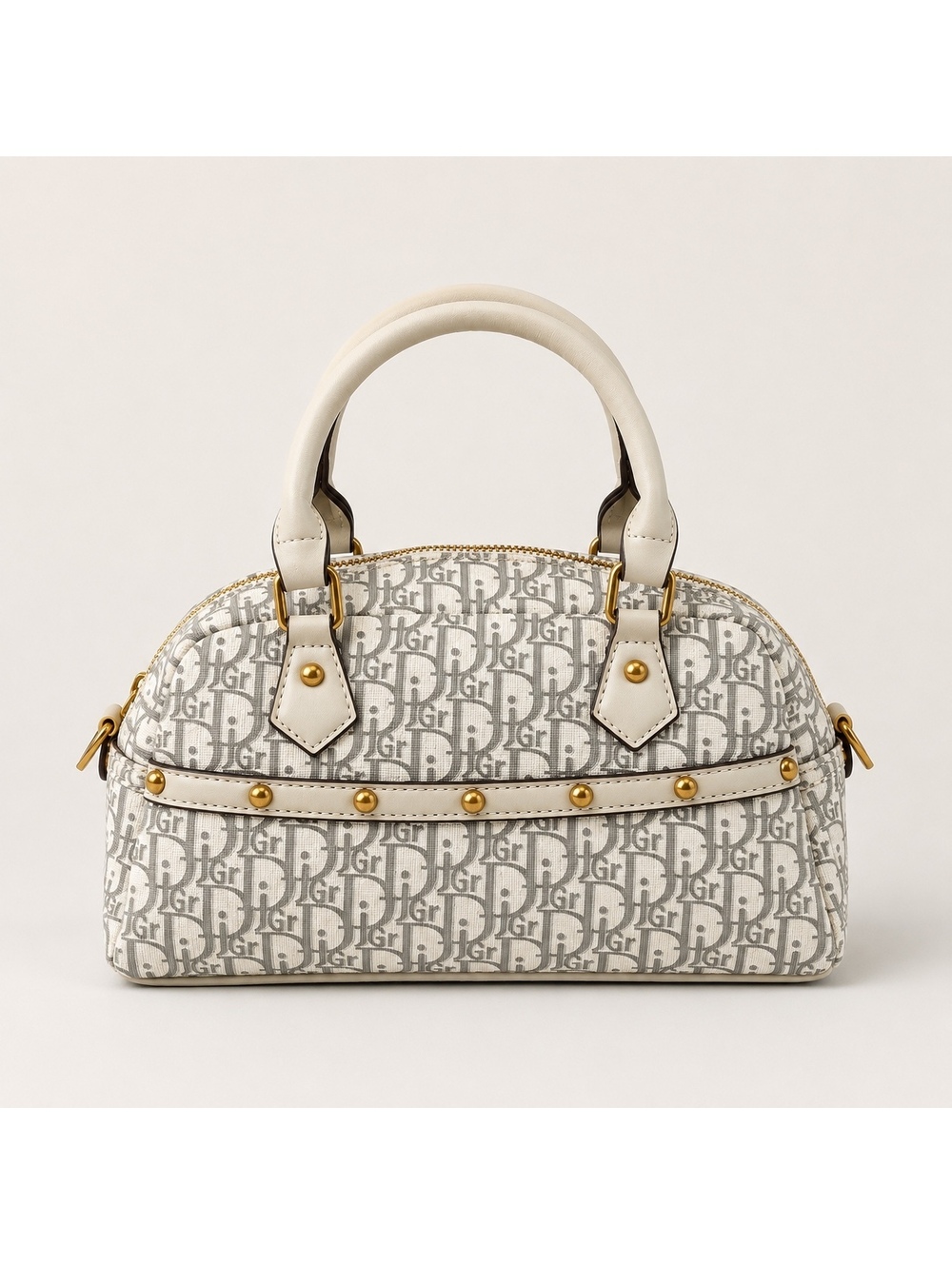Monogram Boston Satchel Bag with Adjustable Crossbody Strap Gold Studded